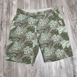Report Collection Men's Tropical Leaf Print Shorts Size 32 Beige Green Stretch